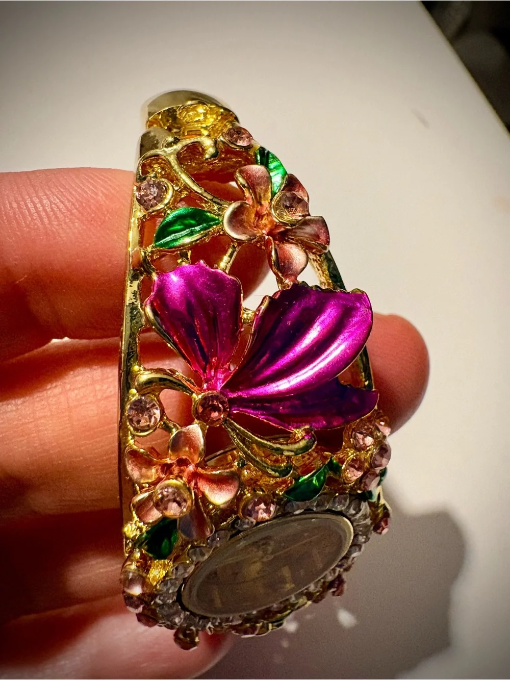 Strada Gold Bracelet Watch with Pink Flowers & Green Leaves - Vintage NWOT
